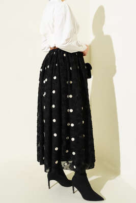 Puantiyeli Kemerli Etek Siyah - Etek