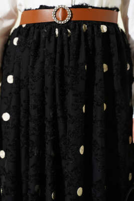 Puantiyeli Kemerli Etek Siyah - Etek