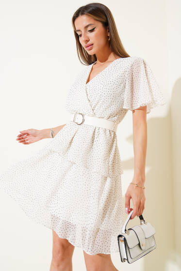 Puantiyeli Kemerli Kat Mini Şifon Elbise Beyaz - Kadın Giyim Modelleri