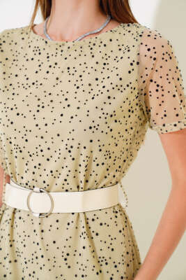 Puantiyeli Kemerli Mini Elbise Bej - Kadın Giyim Modelleri