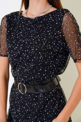 Puantiyeli Kemerli Mini Elbise Siyah - Kadın Giyim Modelleri