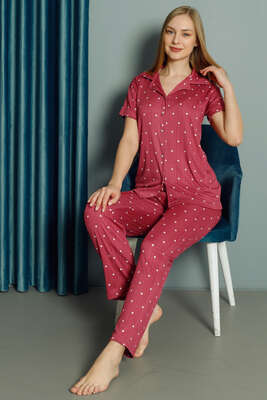 Puantiyeli Kısa Kol Kadın Pijama Takımı Gül Kurusu - Pijama & Gecelik