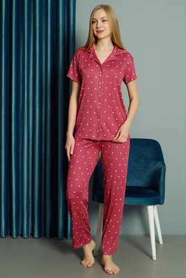 Puantiyeli Kısa Kol Kadın Pijama Takımı Gül Kurusu - Pijama & Gecelik