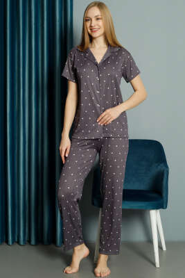 Puantiyeli Kısa Kol Kadın Pijama Takımı Leylak - Kadın Pijama Takımı