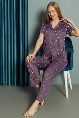 Puantiyeli Kısa Kol Kadın Pijama Takımı Lila - Thumbnail