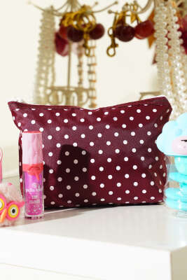 Puantiyeli Makyaj Çantası Bordo - NEW WELL