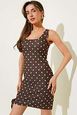 Puantiyeli Mini Elbise Kahve - Kadın Giyim Modelleri