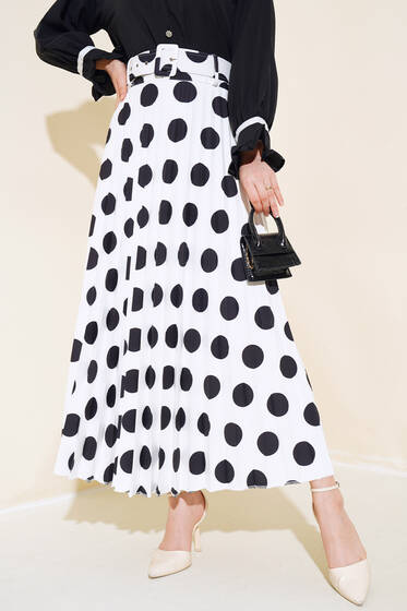 Puantiyeli Pileli Etek Beyaz - Etek