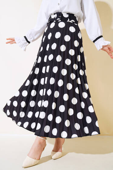 Puantiyeli Pileli Etek Siyah - Etek