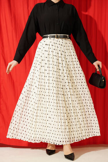 Puantiyeli Pileli Şifon Kemerli Etek Bej - Etek