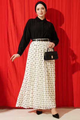 Puantiyeli Pileli Şifon Kemerli Etek Bej - Etek