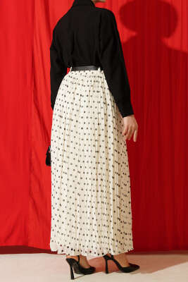 Puantiyeli Pileli Şifon Kemerli Etek Bej - Etek