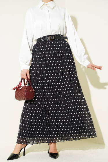 Puantiyeli Pileli Şifon Kemerli Etek Siyah - Etek