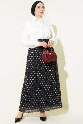 Puantiyeli Pileli Şifon Kemerli Etek Siyah - Etek