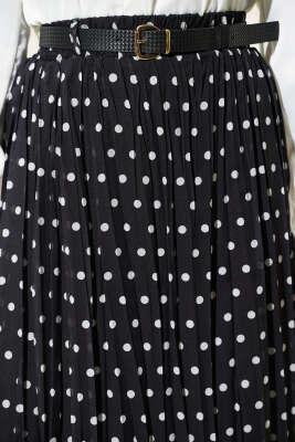 Puantiyeli Pileli Şifon Kemerli Etek Siyah - Etek