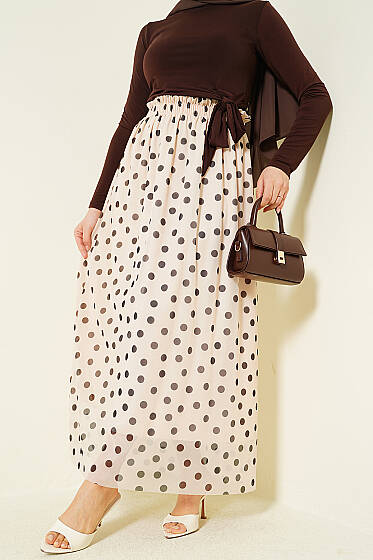 Puantiyeli Şifon Etek Bej - Etek