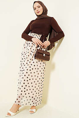 Puantiyeli Şifon Etek Bej - Etek