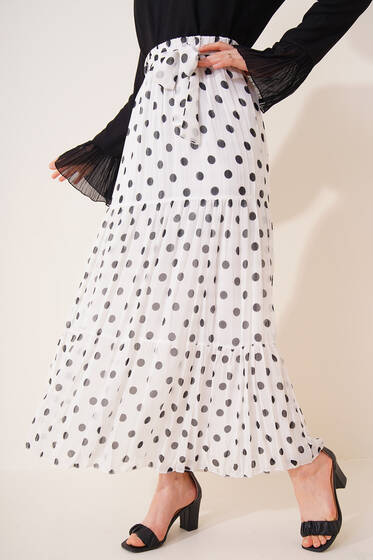 Puantiyeli Şifon Etek Beyaz - Uzun Etek
