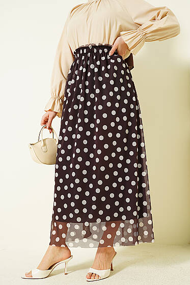 Puantiyeli Şifon Etek Kahve - Etek