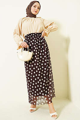 Puantiyeli Şifon Etek Kahve - Etek