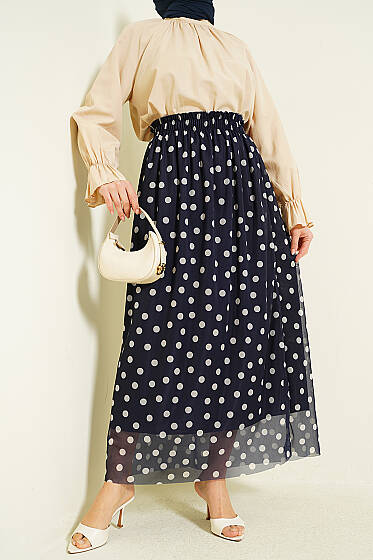 Puantiyeli Şifon Etek Lacivert - Etek