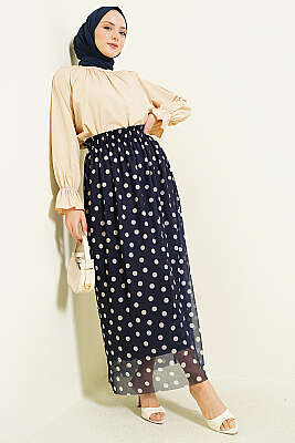 Puantiyeli Şifon Etek Lacivert - Etek