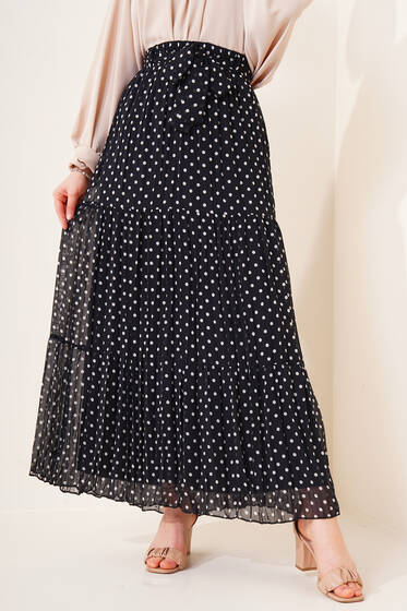 Puantiyeli Şifon Etek Siyah - Uzun Etek