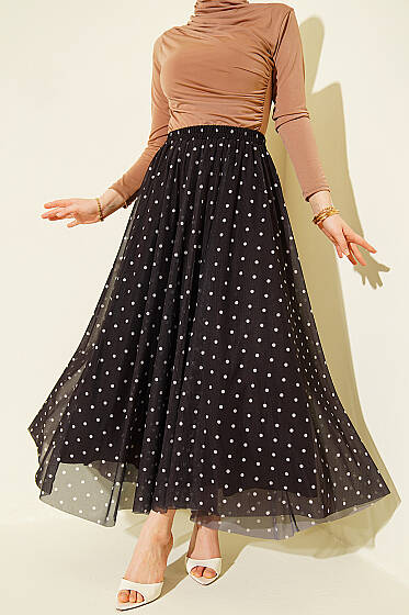 Puantiyeli Tül Kloş Etek Kahve - Etek