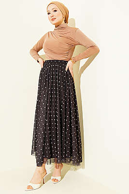 Puantiyeli Tül Kloş Etek Kahve - Etek