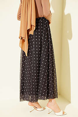 Puantiyeli Tül Kloş Etek Kahve - Etek