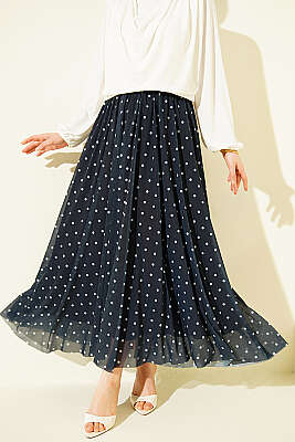 Puantiyeli Tül Kloş Etek Lacivert - ZAMANE (QSS)