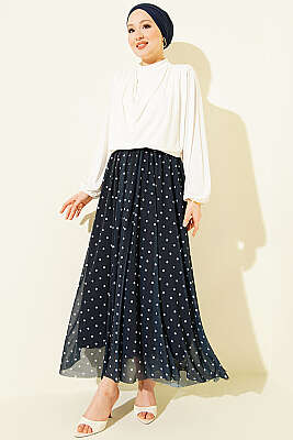 Puantiyeli Tül Kloş Etek Lacivert - Etek