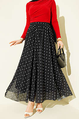 Puantiyeli Tül Kloş Etek Siyah - ZAMANE (QSS)