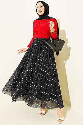 Puantiyeli Tül Kloş Etek Siyah - Etek