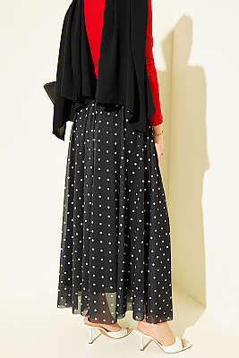 Puantiyeli Tül Kloş Etek Siyah - Etek