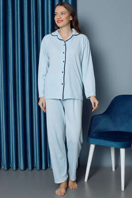 Puantiyeli Uzun Pijama Takımı Buz Mavisi - Thumbnail