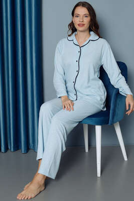 Puantiyeli Uzun Pijama Takımı Buz Mavisi - Thumbnail