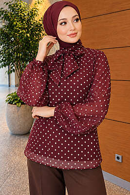 Puantiyeli Yaka Bağlamalı Şifon Tunik Bordo 
