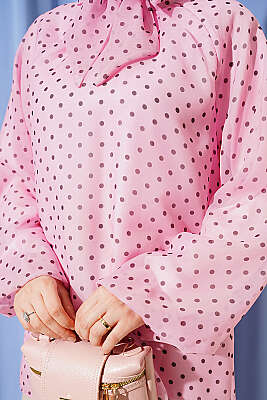 Puantiyeli Yaka Bağlamalı Şifon Tunik Pembe - Tunik