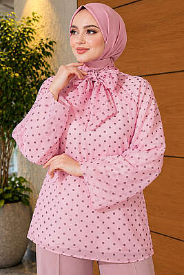 Puantiyeli Yaka Bağlamalı Şifon Tunik Pembe - Tunik