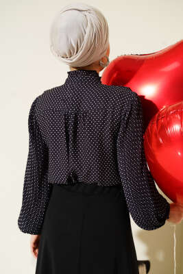 Puantiyeli Yaka Fırfırlı Kısa Gömlek Siyah - Gömlek