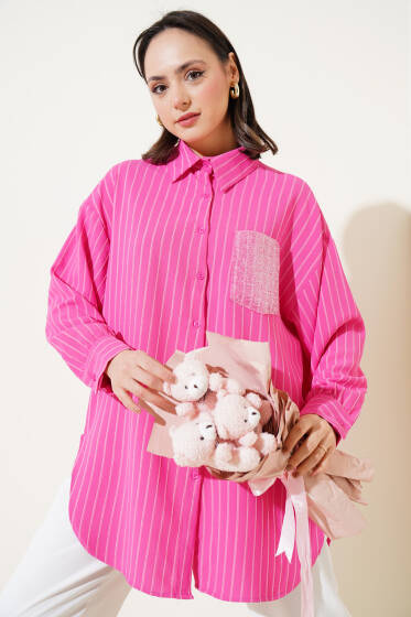Pul Cepli Çizgili Gömlek Fuşya - Gömlek