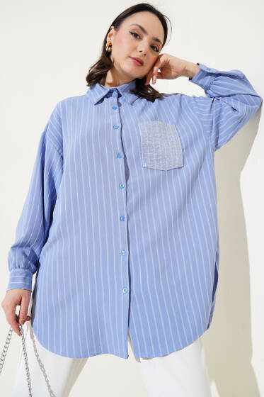 Pul Cepli Çizgili Gömlek Mavi - Gömlek