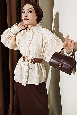 Pul Detaylı Balon Kol Kısa Gömlek Bej - Gömlek