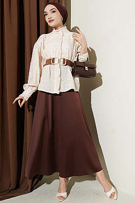 Pul Detaylı Balon Kol Kısa Gömlek Bej - Gömlek