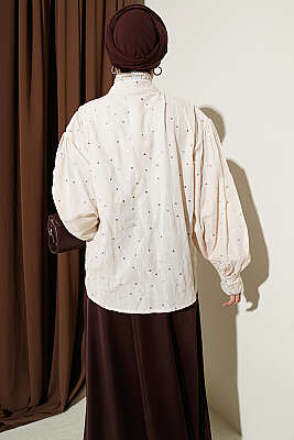 Pul Detaylı Balon Kol Kısa Gömlek Bej - Gömlek