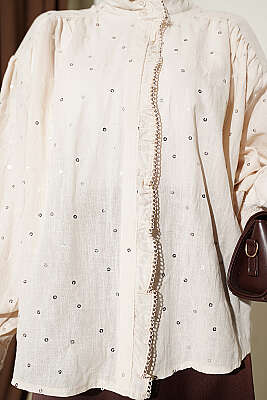 Pul Detaylı Balon Kol Kısa Gömlek Bej - Gömlek