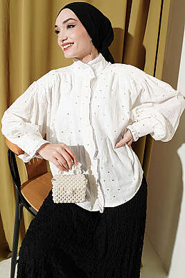 Pul Detaylı Balon Kol Kısa Gömlek Ekru 