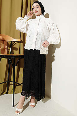 Pul Detaylı Balon Kol Kısa Gömlek Ekru - Gömlek