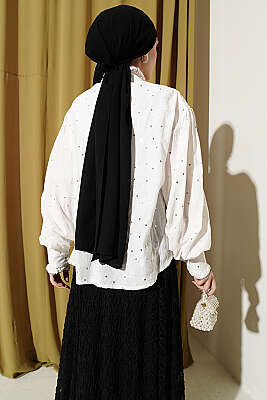 Pul Detaylı Balon Kol Kısa Gömlek Ekru - Gömlek